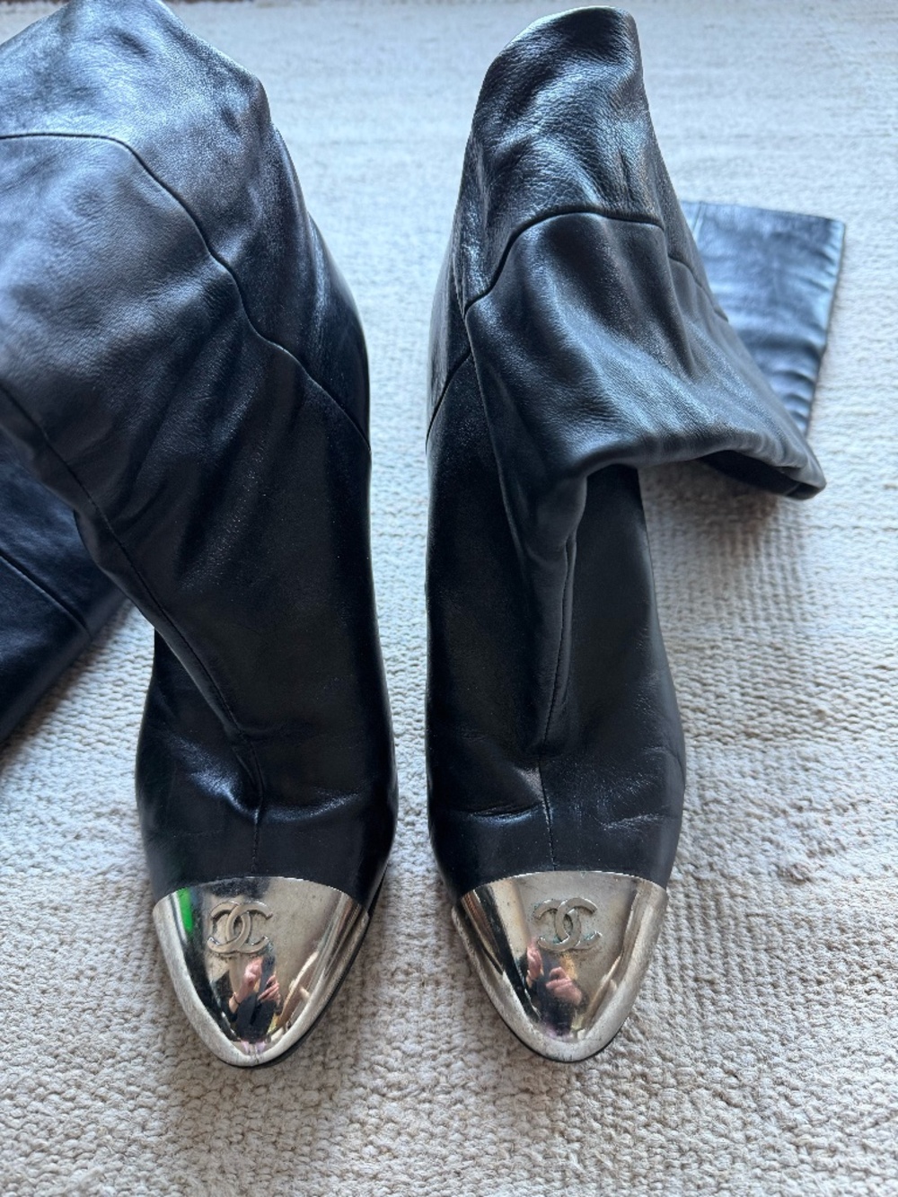 Chanel, vintage Black Leather Pull On with Silver Logo Cap Toe Boots, size 40
